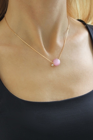 Pembe Doğal Taş Bonibon Kolye Gold