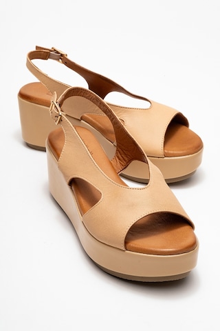 Brad Koyu Bej Cilt Hakiki Deri Dolgu Topuklu Kadın Sandalet Koyu Bej