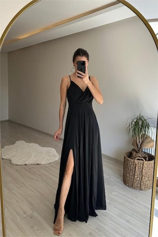 Neşeli Butik Kadın Işıltılı Askılı Yırtmaç Detayı Şifon Abiye Elbise Nm002 Siyah