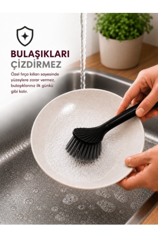 Beylini Tezgah Üstü Silikon Uçlu Bulaşık Yıkama Fırçası Çizdirmez Lavabo Tezgah Üstü Tabak Bardak Banyo Fırça Siyah
