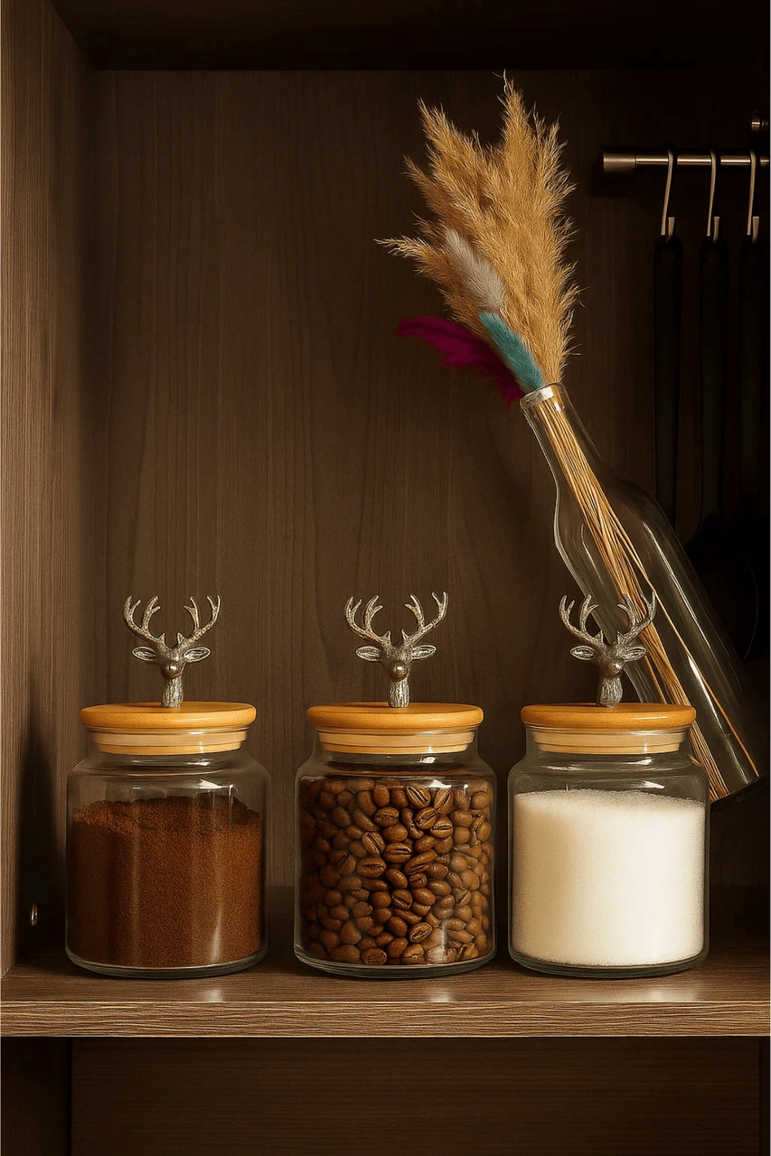 3'lü Metal Siyah Geyik Figürlü Bambu Kapaklı Cam Kavanoz Şık Saklama Kabı 635 Cc Şeffaf