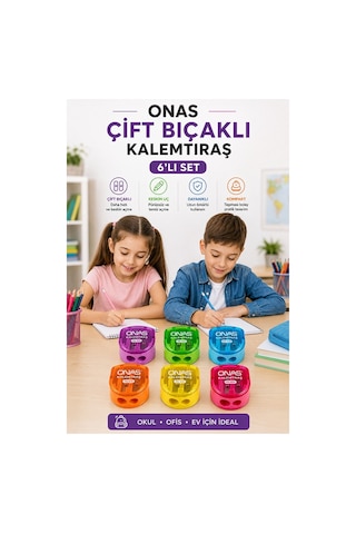 Kalemtraş 6 Adet Onas Ns-828 Hazneli Çift Bıçaklı Kalem Açacağı Plastik Kalemtıraş Kalem Traş Okul Sınıf