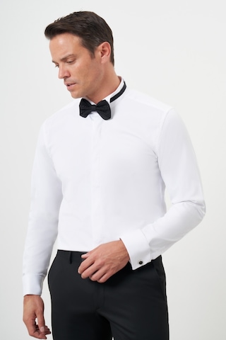 Morven Erkek Beyaz Manşetli Düz Desen Ata Yaka Slim Fit Gömlek Beyaz