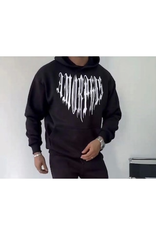 Efnaz Style Uzun Kol Kapşonlu Baskılı Sweatshirt - Siyah