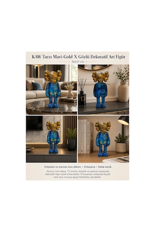 Kaw Tarzı Mavi-gold X Gözlü El Boyaması Dekoratif Figür Heykel 26 Cm