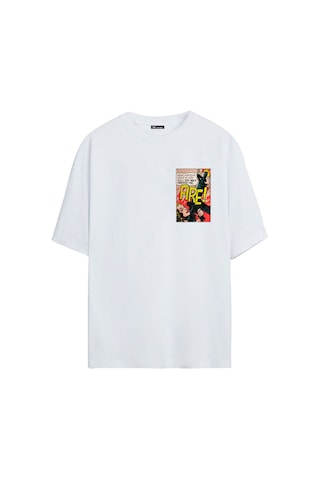 Thewert Unisex Ateş Metni Çizgi Roman Baskılı Beyaz Oversize Tshirt
