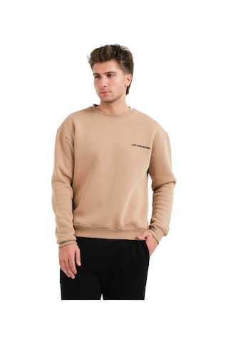 Justever Bisiklet Yaka Nakışlı Şardonlu İçi Polarlı Vizon Erkek Sweatshirt - Volar Vizon