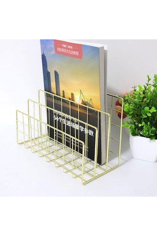 Reedark Altın Renkli Metal Kitaplık - 3 Bölmeli Ev Ofis Masaüstü Organizer - Dayanıklı Demir Raf - Dekoratif Belge Depolama Aracı Altın