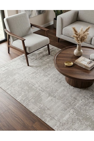 Beliz Viskon Krem Geometrik Desenli Tüylenme Yapmayan Toz Tutmaz Premium Salon Halısı 652 Çok Renkli