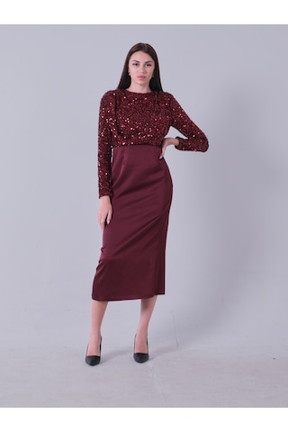 Feminist Bordo Üst Pul Payet İşlemeli Altı Krep Tesettür Abiye 6502503.04