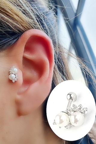 Zirkon Taş Detaylı İncili 925ayar Gümüş Tragus Kıkırdak Helix Piercing 06113735