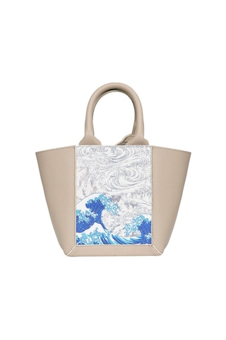 Dogo Kadın Vegan Deri Krem Tote Bag - Japanese Waves Tasarım Çok Renkli