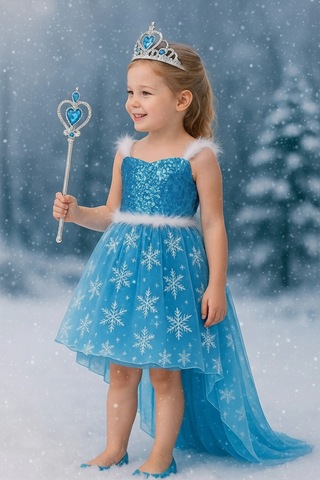 Parti Selesi Karlar Ülkesi Frozen Elsa Kostüm Mavi Ön Kısa Arka Uzun Elbise Kız Çocuk Kıyafet Mavi