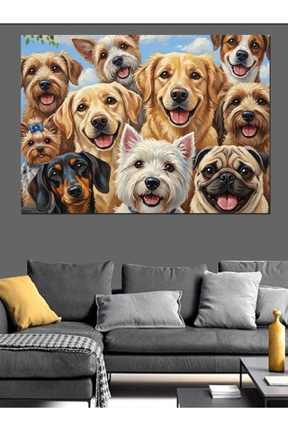 Ahşap Tablo Bir Arada Toplanmış Mutlu Köpekler Çocuk Odası Tabloları