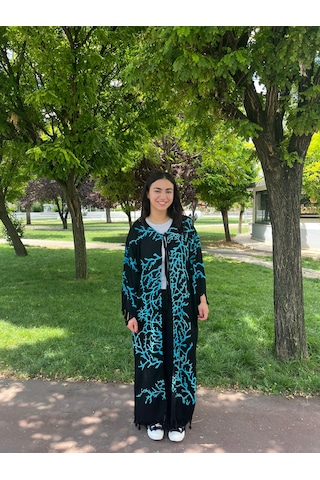 Turkuaz Dallı Desenli Siyah Bağlamalı Salaş Kimono Kaftan - Standart Beden Turkuaz