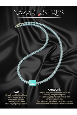 Sertifikalı Amazonit Ve Lav Doğal Taşlı Rodyum Kadın Kolye - Kalp Mavi