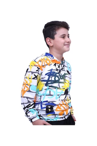Fyk Kids Kapşonlu Desenli Unisex Sweatshirt Beyaz