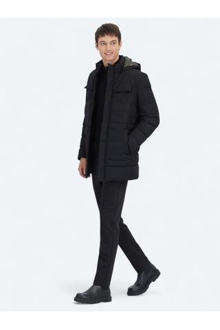 Kip Siyah Regular Fit Kapüşonlu Casual Dokuma Kaban Siyah -