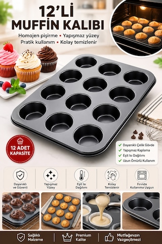 12'li Muffin Kalıbı Yapışmaz Kek Ve Cupcake Kalıbı Fırın Tepsisi Ev Yapımı Muffin Kalıbı Metal Muffin Kalıbı Kek Kalıbı Antrasit - Siyah - Şeffaf
