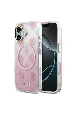 Apple Uyumlu iPhone 17 Kılıf Guess Lisanslı M-safe Şarj Özellikli Simli Peony Desenli Silikon Kapak Pembe Pembe