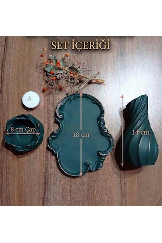 Aurora Set El Yapımı Eskitme Yeşil Burgulu Vazo + Lotus Mumluk + Tepsi Koyu Yeşil