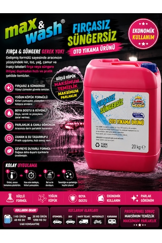 Max&wash 20 Kg Fırçasız Süngersiz Oto Yıkama Şampuanı 1/60 Konsantre Yoğun Köpük Boya Dostu Profesyonel Oto Yıkama Ürünü