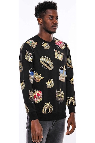 Wessi Siyah Bisiklet Yaka Taşlı ve Baskılı Sweatshirt Siyah