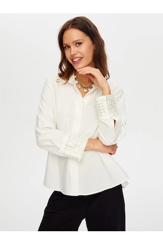 Faik Sönmez Kolları Boncuk Payet İşli Şık Kadın Gömlek W26gml011 Ekru