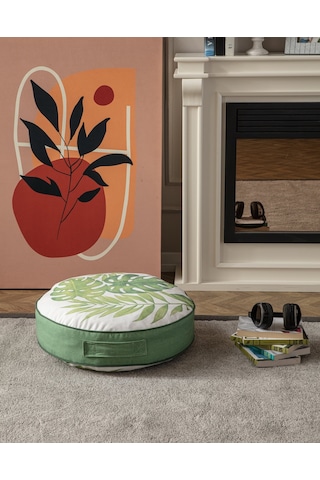 Yeşil Bitki Ve Palmiye Desenli Puf Yer Minderi, 60x60 Cm, Balkon