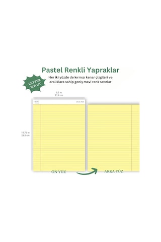 Letter Boyut 216 X 297mm , Sarı Renkli Legal Pad, Notluk, Notepad, Defter, 50 Yaprak, Geniş Satır Aralığı, Okul, Çok Renkli