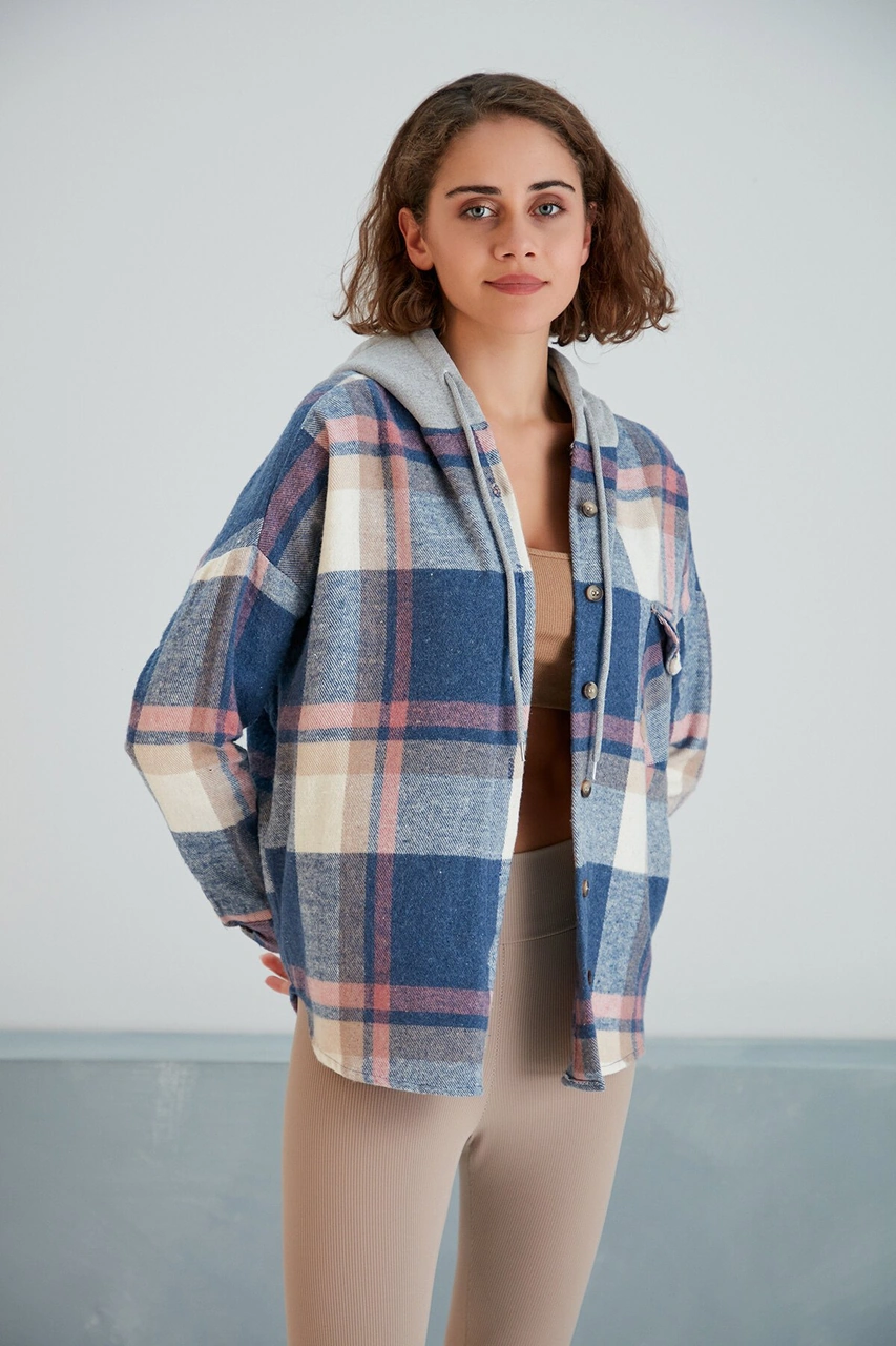 Pikka Online Kadın Çok Renkli Soft Mavi Oduncu Oversize Ceket Gömlek Kahverengi - Mavi