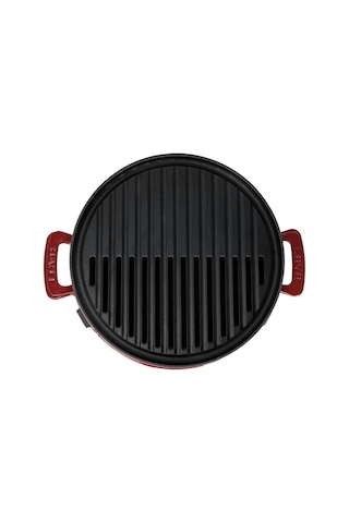 Lava Döküm Yuvarlak Mangal Izgara Set Döküm Demir Yekpare Çift Kulplu Çap Ø 36cm. Bordo