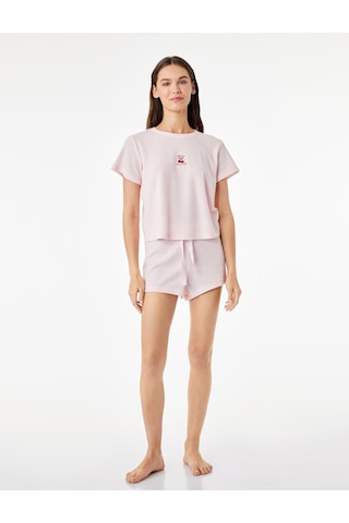 Koton Kiraz Detaylı Bisiklet Yaka Kısa Kollu Dokulu Pijama Takımı Pembe 6slk40086mk Gül