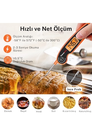 Thermopro TP605O Katlanabilir Problu Profesyonel Gıda Pişirme Termometresi-Turuncu