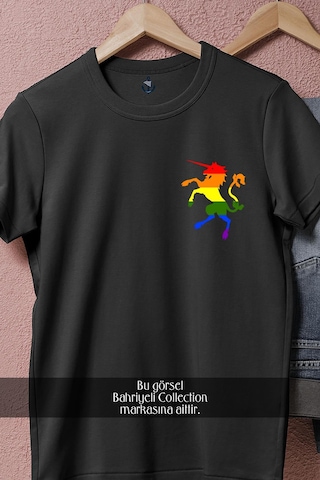 Oversize Lgbt Colors Unicorn Cep Tasarımlı Unisex T-shirt Siyah