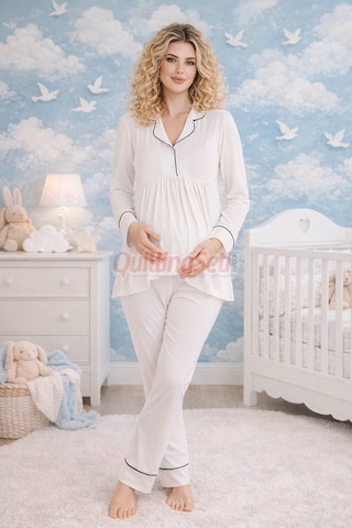 Quilling Lady Ekru Renkli, Kol Ve Paçaları Manşetli, 33202 Uzun Kol, 2 Parça Lohusa Hamile Pijama Takımı M - L