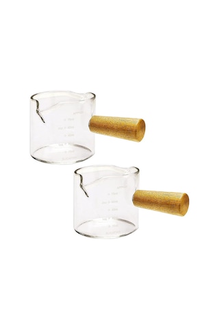 Ruicoo "2'li Ahşap Saplı Çift Ağızlı Espresso Ölçekli Bardak - 75ml Sıcak İçecekler İçin" Şeffaf