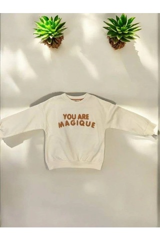 Kız Çocuk Nakışlı You Are Magique Yazılı Sweatshirt-14908 Ekru