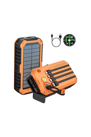 20000 Mah Solar Powerbank - El Kranklı, Dahili Kablolu Taşınabilir Su Geçirmez Powerbank Siyah - Turuncu