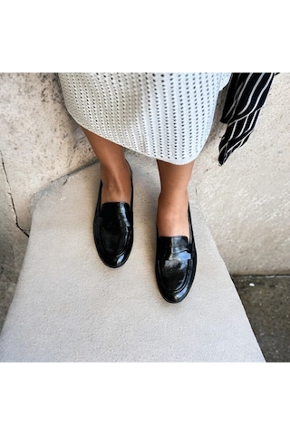 Ne&ve Shoes Siyah Kırışık Rugan Hakiki Deri Kadın Loafer Ayakkabı