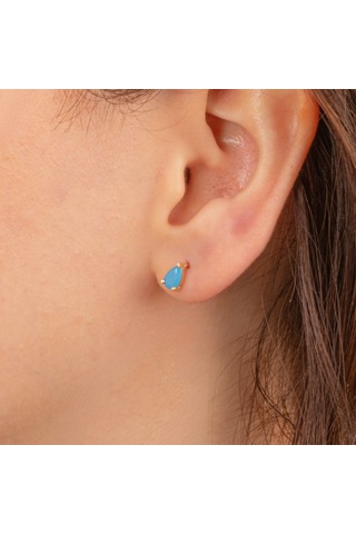 Altın Küpe - 14 Ayar Altın Damla Modelli Firuze Turkuaz Taşlı Küpe Sarı