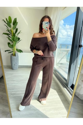 Valensdesign Kadın Uzun Kollu Tek Omuzdan Açık Modal Bluz Ve Pantolon Ikili Takım Kahve