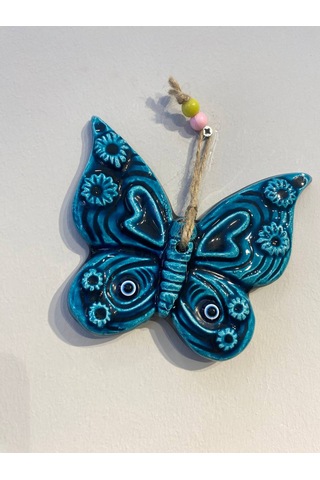 El Yapımı Nazar Boncuğu, Duvar Dekorasyon Ürünü, Seramik, El İşçiliği, Turkuaz Renkte Kelebek Desenli -