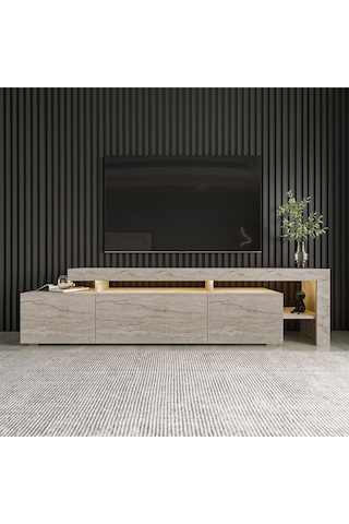 Beliz Modern LED Işıklı 3 Kapaklı, Raflı TV Sehpası – 192 cm, Traverten