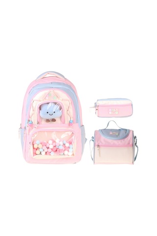 Calacilo Cloudy Pembe Mavi Renkli Pembe - Mavi Kız Çocuk Üçlü İlkokul Okul Çantası Seti - Setcc-c4086a