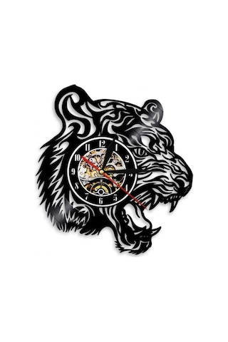 Primepickings Müzik Vinil Kayıt Duvar Saati - Kaplan Kafası Şekli Vinil Duvar Saati - Vinil Saat - Oturma Od Siyah