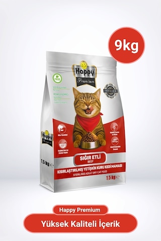 Happy Kısırlaştırılmış Sığır Etli Kuru Kedi Maması 9 KG
