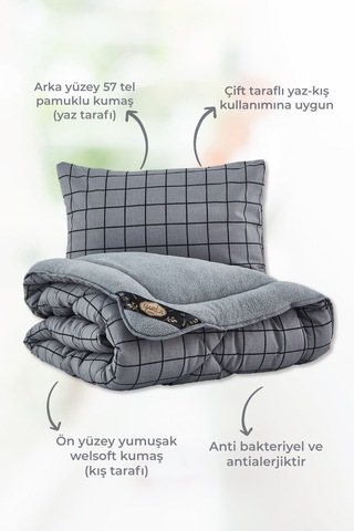 Pofuduk Çift Kişilik Wellsoft Line Desenli Çift Taraflı Yorgan Seti - Line Gri - 195x215 Gri Line