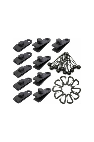 Dofolink 30 Parça Çadır Sabitleme Seti: 10 Adet Nilon Çadır Klembi, 10 Adet Kauçuk Esnek Kordon, 10 Adet Alüminyum D-kanca - Güçlü Tutma, Kayma Önleme, Çadır, Gölge Tente Uygun Siyah