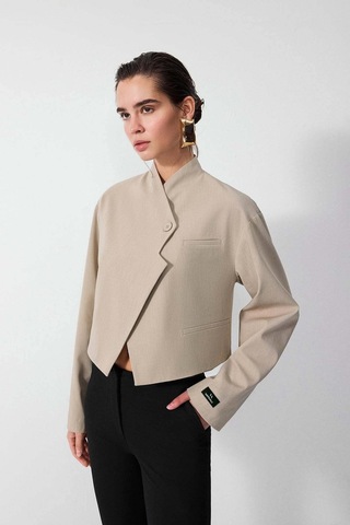 Vatkalı Diagonal Crop Blazer Ceket-20435 Bej